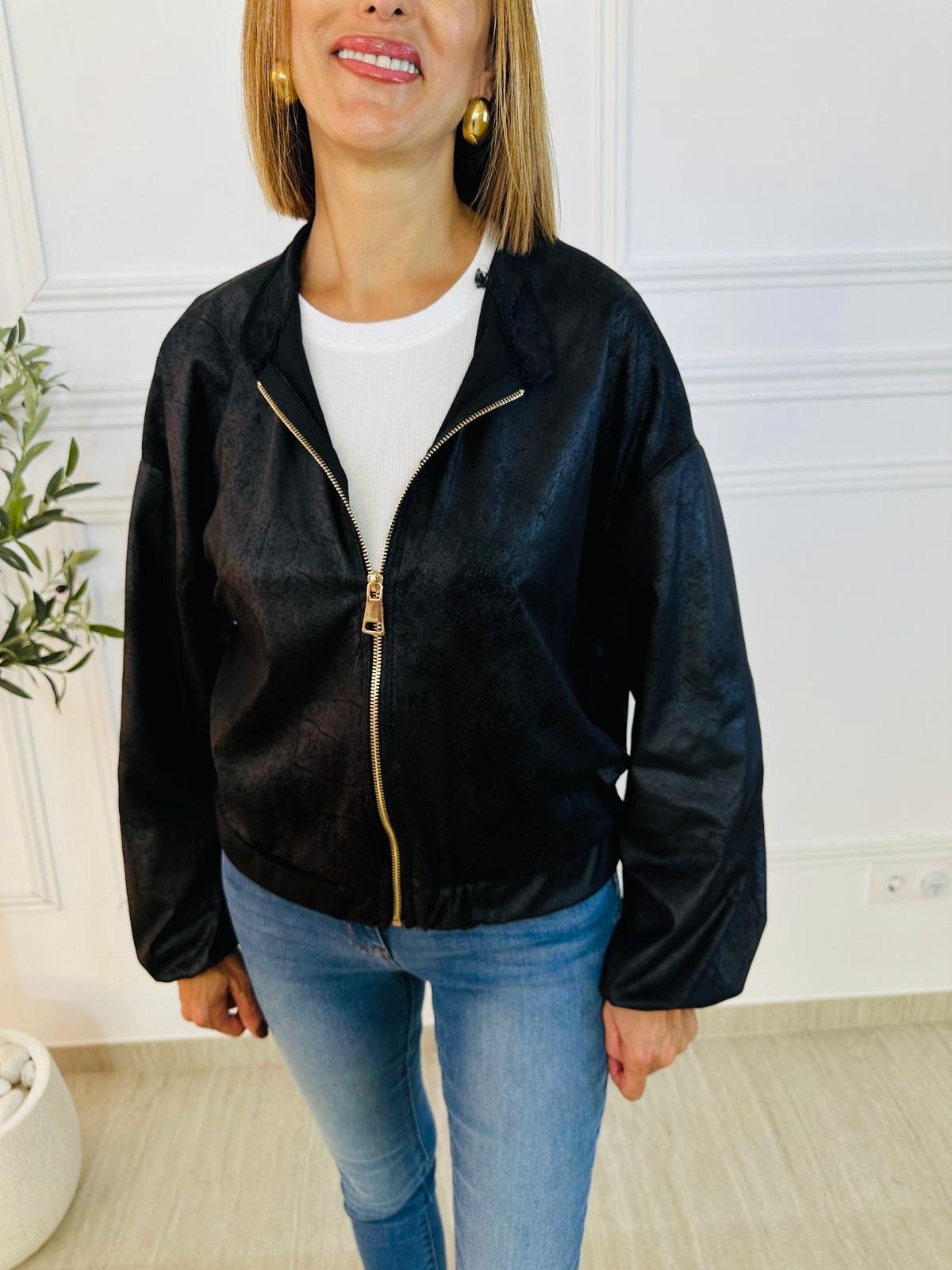 Bomber chaqueta piel melocotón negra