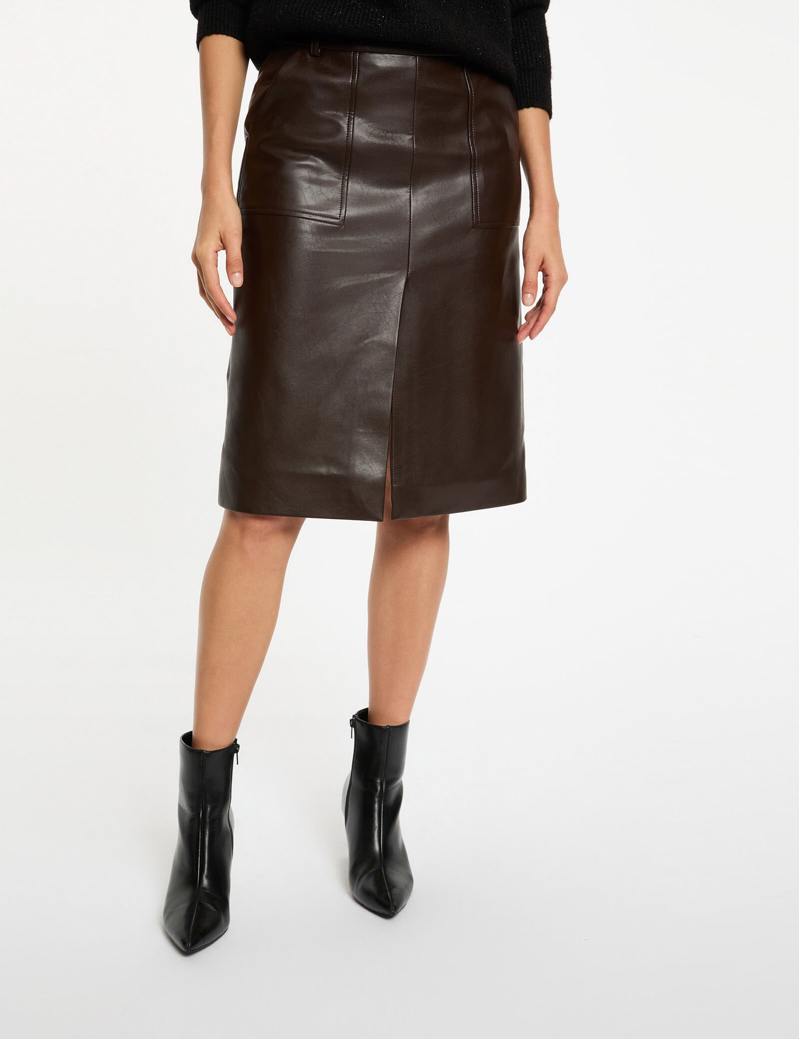Falda ajustada cuero sintético Talle alto Corte ajustado Falda largo por la rodilla Cierre de cremallera en la parte posterior 2 bolsillos diagonales en la parte delantera Cuero sintético Trabillas en la cintura Oliva Valencia