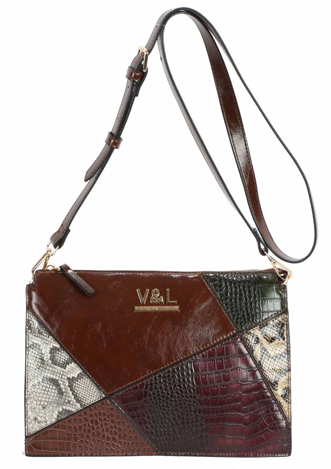 Bolso bandolera grande para mujer Victorio&Lucchino Neva en piel sintética imitación serpiente, con departamentos interiores. Elegante, práctico y moderno. Oliva Valencia