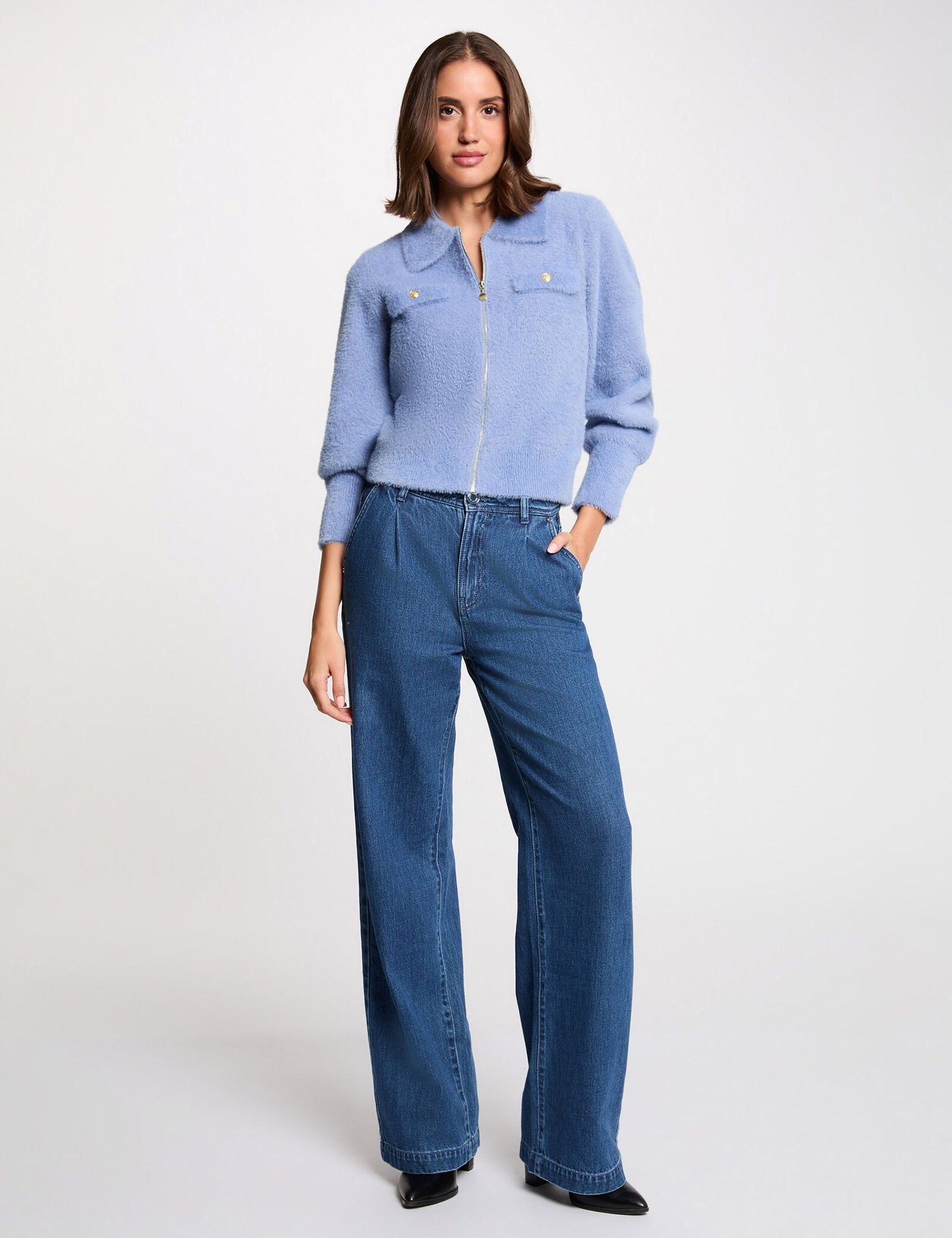 Cárdigan manga larga cuello de solapa Corte recto y corto Cuello de solapa Manga larga Cierre de cremallera en la parte delantera Punto fino Punto aterciopelado Oliva Valencia