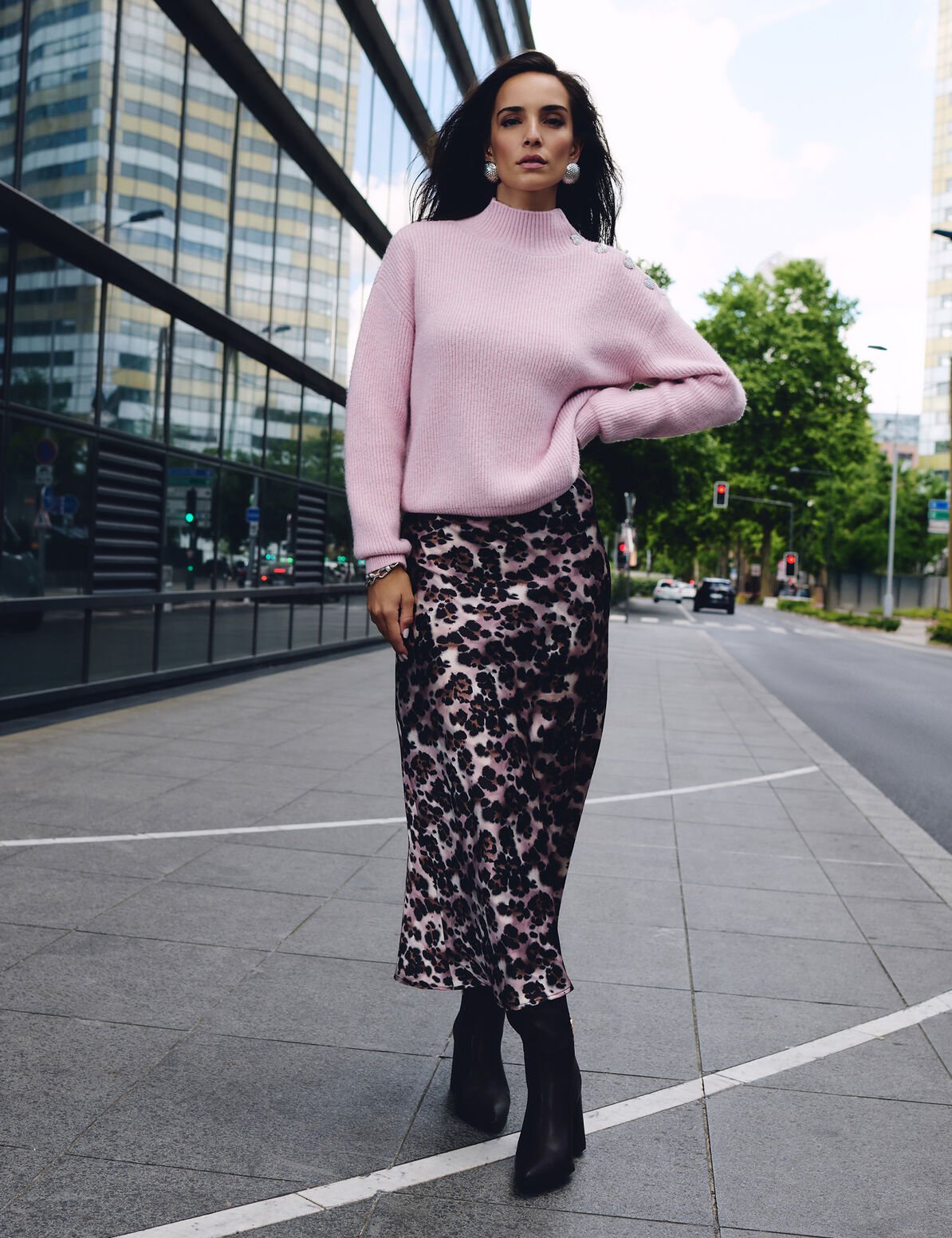 Falda larga fluida multicolor mujer