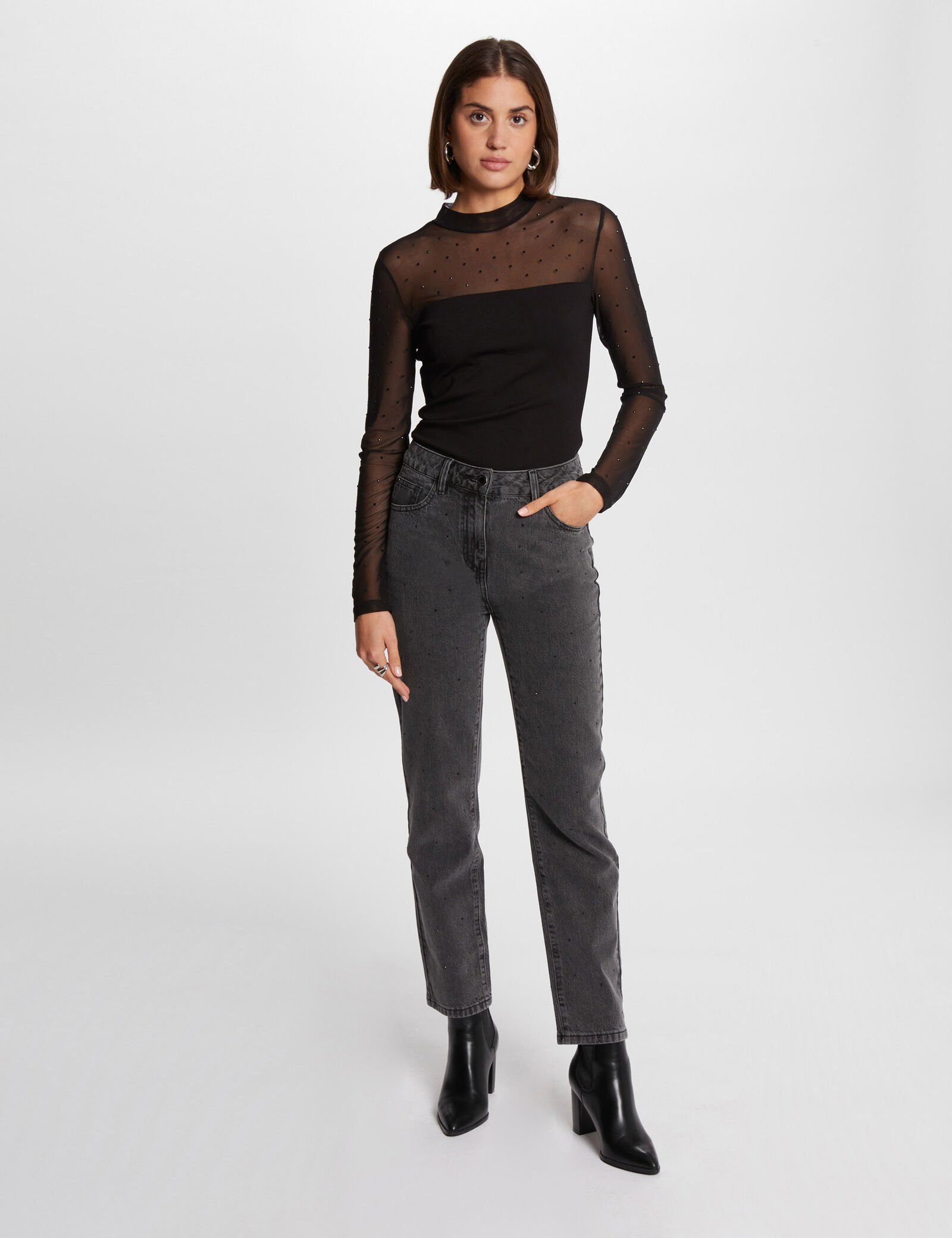 Camiseta manga larga strass Corte recto Cuello alto Manga larga Apliques de tejido semi-transparente en el cuello, los hombros, las mangas y la espalda Detalles strass en el cuello, los hombros, las mangas y en la espalda Oliva Valencia