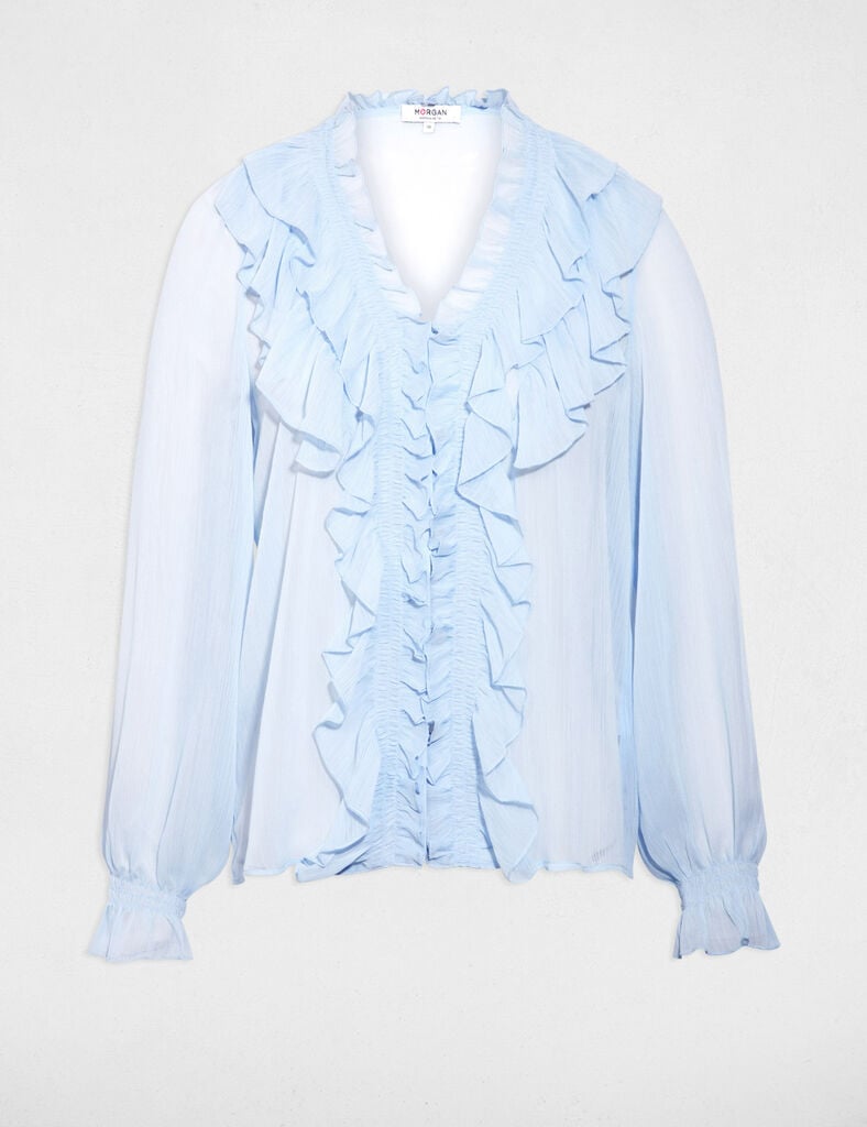 Camisa fluida con cuello en v azul cielo mujer
