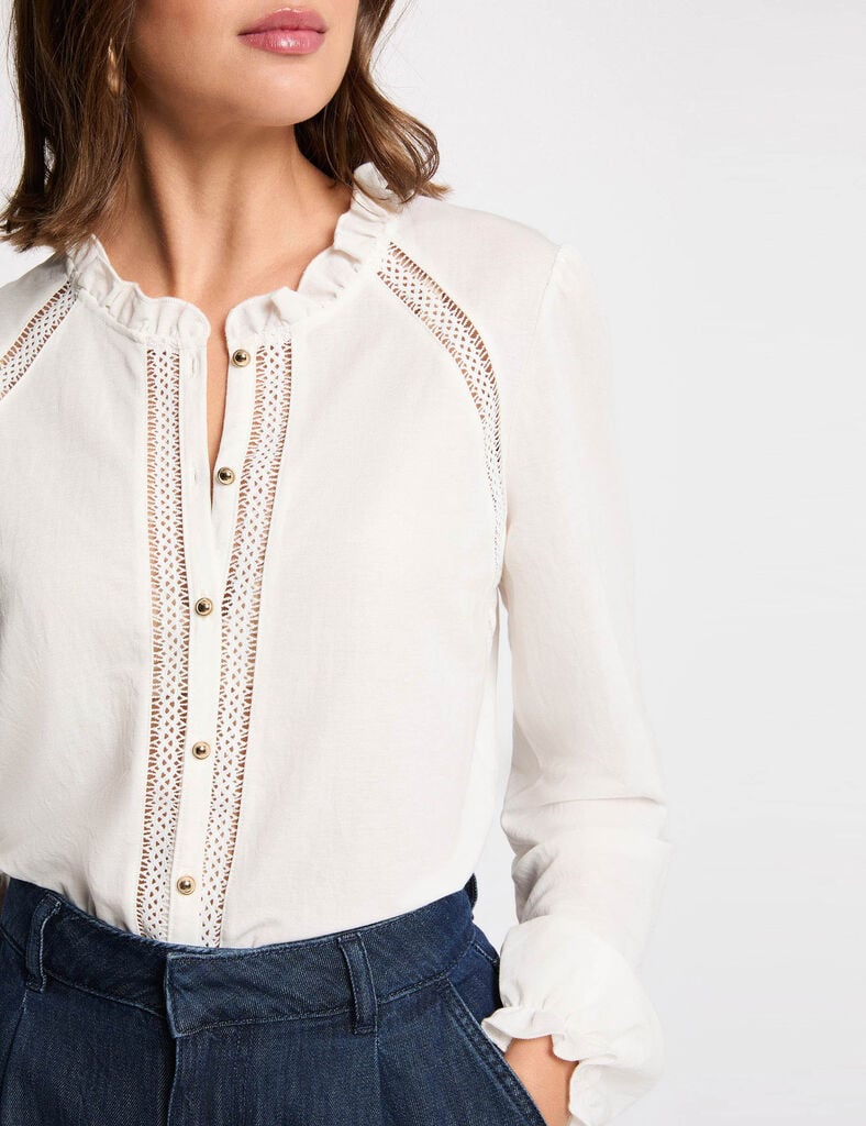 Camisa encaje cuello alto blanco mujer Morgan Corte recto Cuello alto Mangas largas Botones Oliva, Valencia,Gandia, Denia