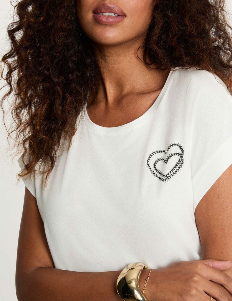 Corte recto Cuello redondo Mangas cortas Inscripción Piedras