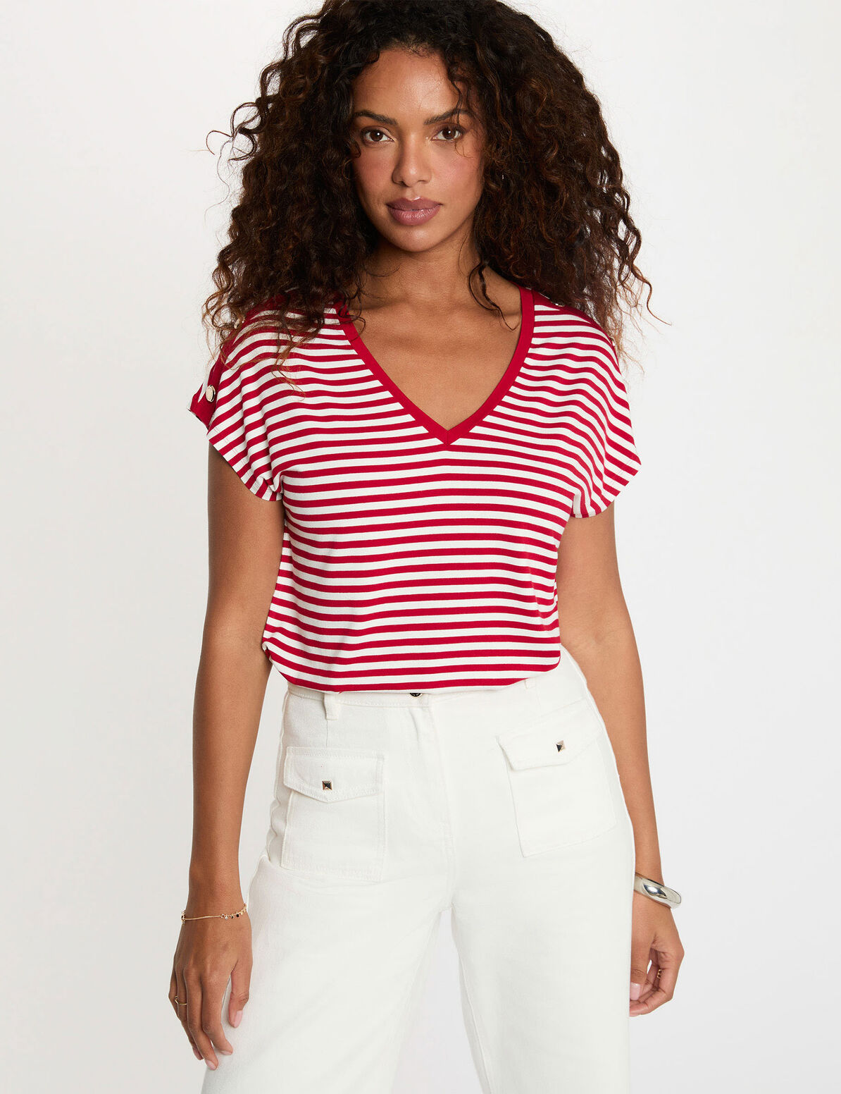 Corte recto Cuello en V Mangas cortas Botones Rayas